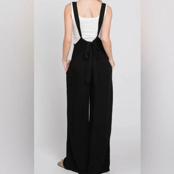 ZENANA Wide Leg Tie Back Suspender Jumpsuit overalls pants Black Small EUC - Picture 4 of 10